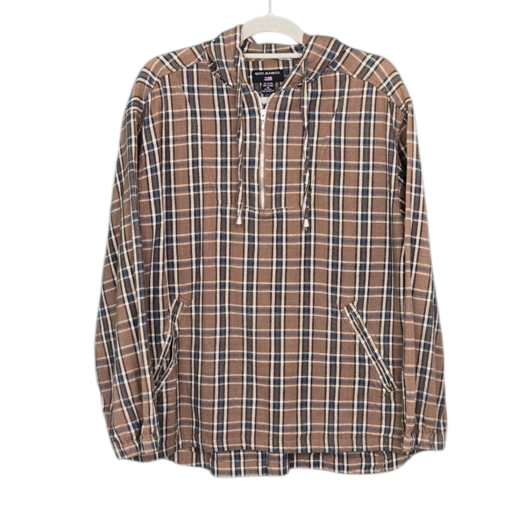 Vintage 90s Men's Plaid Cotton Hoodie Neutral Grunge Hippie Unisex M